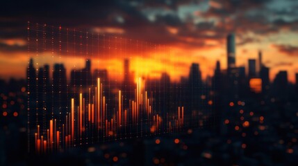 Cityscape sunset with financial data overlay.