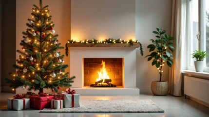 Cozy Christmas Eve at Home Decorated Fir Tree, Presents, and a Warm Fireplace