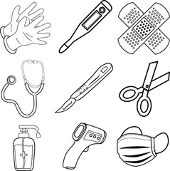 icon vector Medical equipments design, with various design shapes, with a hand drawn black outline style for medical. 