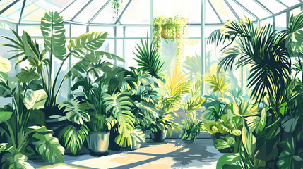 Fototapeta premium Lush green plants in a sunlit greenhouse. Seapearl. Illustration