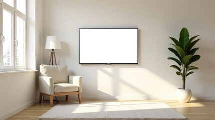 Modern Living Room Interior Design with Blank Television Screen, Comfortable Armchair, and Stylish Floor Lamp