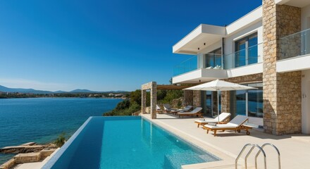Fototapeta premium Modern villa with a stunning pool overlooking the serene lake