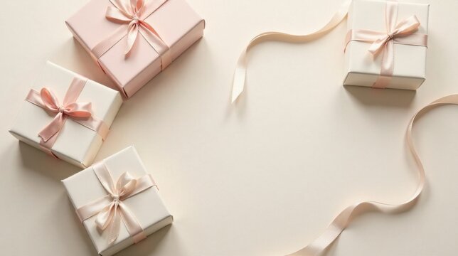 Elegant gift boxes with delicate blush ribbon adorn a neutral background, perfect for a celebratory message or special announcement.