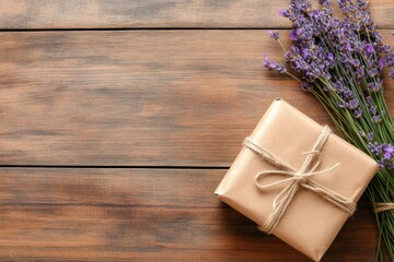 Rustic kraft package with jute string beside fresh lavender on wooden table