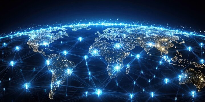 Global network connections illuminated over a digital world map