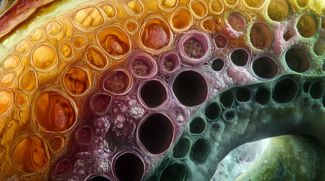 Macro view of a healthy plant's cross-section, showcasing intricate xylem and phloem tissues, cellulose fibers, and. Seapearl. Illustration