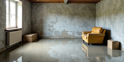 A flooded interior room with a yellow leather couch and cardboard boxes, depicting the aftermath of a water damage event in a residential building.