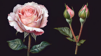 Obraz premium Pink rose and bud in closeup, with patterned edge on petals. Seapearl. Illustration