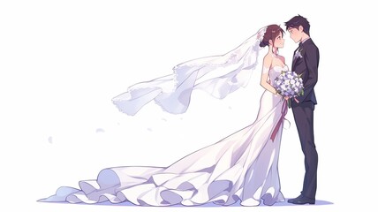Bride and groom clipart in anime style. The bride, in a white wedding dress with a veil, holds a bouquet while standing next to the groom, dressed in a black suit.