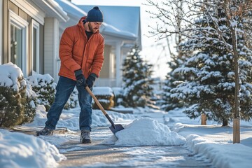 A man shoveling fresh snow from the sidewalk early in the morning after a snowfall, snow-covered trees creating an atmosphere of winter silence and freshness
