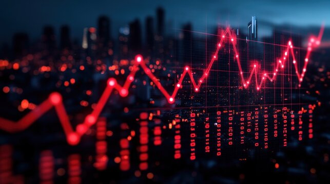 Cityscape with fluctuating red graph overlay.