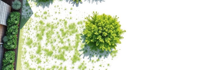 Aerial view of lush green trees casting shadows on white surface with copy space