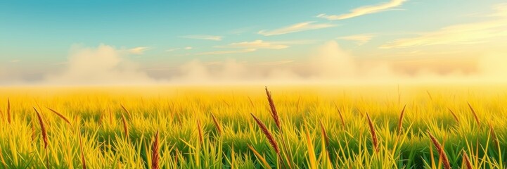 Fototapeta premium Golden Wheat Field Panorama Under Serene Blue Sky with Copy Space