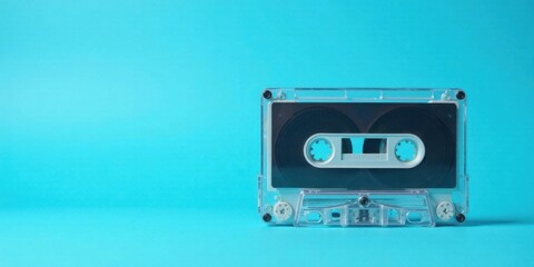 Fototapeta premium A transparent audio cassette rests on a vibrant blue background, a nostalgic symbol of analog music technology and a reminder of simpler times.