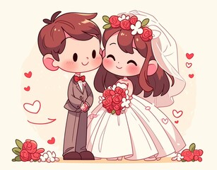 Cartoon drawing of a bride and groom in a simple chibi style. The bride, wearing a wedding dress and a flower crown, holds a red rose bouquet.