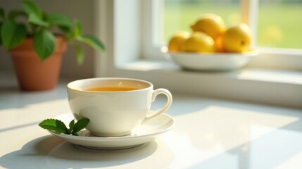 Aromatic Herbal Tea in a White Cup on a Sunny Kitchen Counter