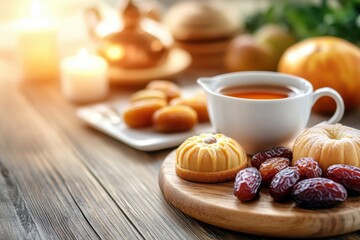 Fototapeta premium A cozy tea setting with sweets and dates on a wooden table