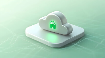 Cloud security concept represented by a sleek silver cloud with a glowing green lock embedded at its center