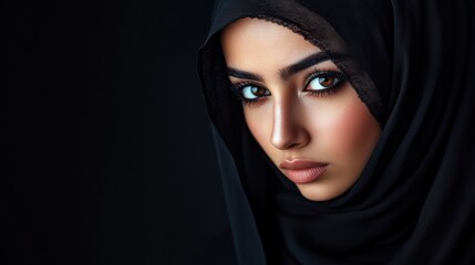 Naklejka premium beautiful young Muslim woman covered her face in black hijab. focus on the eyes