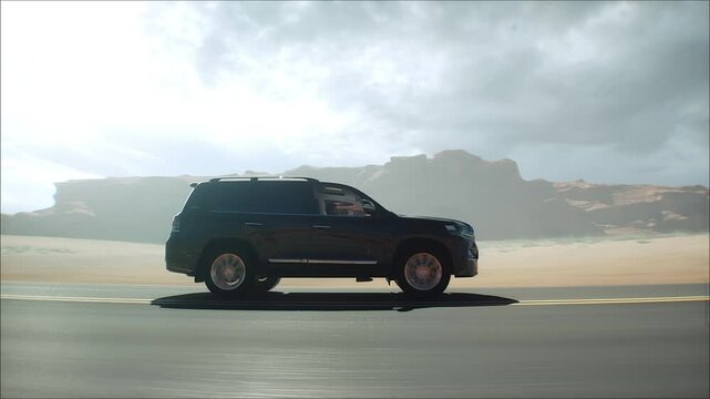 3d model luxury black car on desert highway. Very fast driving. Realistic 4k animation.