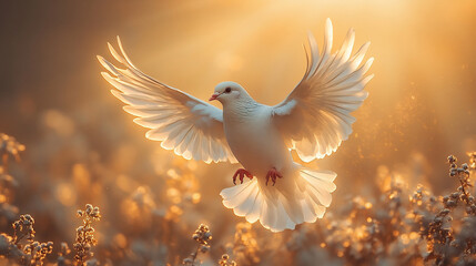 White Dove Soaring Gracefully in the Golden Light of Dawn Symbolizes Peace and Faith