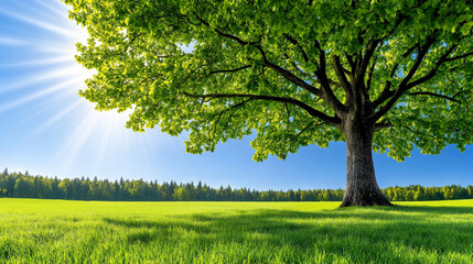 Fototapeta premium Large Spreading Tree With Lush Green Leaves in a Serene Landscape Embracing Nature's Beauty