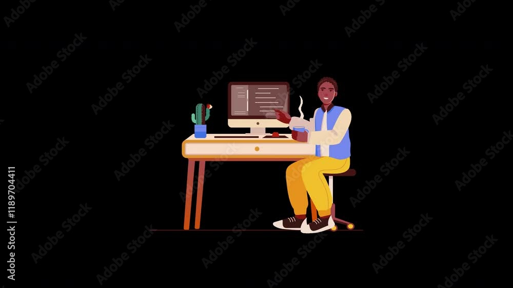 Poster a cheerful african man working at a desk with a computer, sipping a drink and surrounded by a cactus