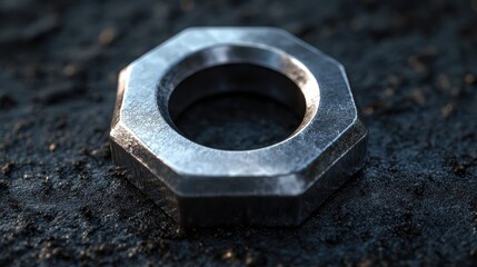 Close-up of a metal hex nut on dark textured surface