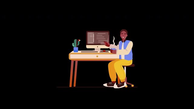 A cheerful African man working at a desk with a computer, sipping a drink and surrounded by a cactus.