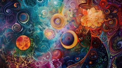a vibrant tapestry of swirling patterns and mystical symbols evoking ancient wisdom, white space in the center of the page for text, rich and intricate designs against a backdrop of cosmic mysteries