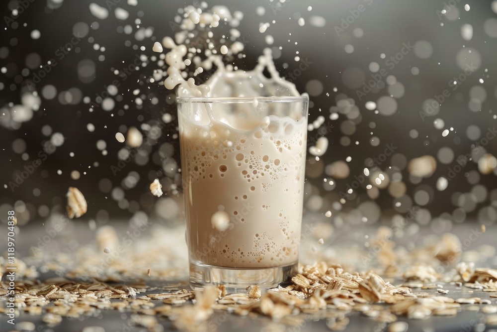 Poster oat milk splashing in a glass surrounded by oat flakes, creating a dynamic and refreshing visual