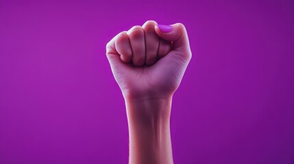 Raised fist gesture on vibrant purple background signifying strength