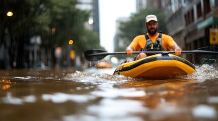 Navigating urban waterways in kayaks amid unexpected flooding