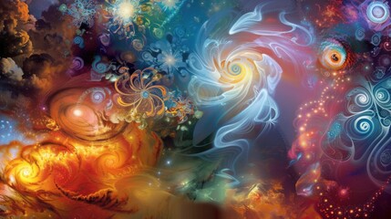 a vibrant tapestry of swirling patterns and mystical symbols evoking ancient wisdom, white space in the center of the page for text, rich and intricate designs against a backdrop of cosmic mysteries