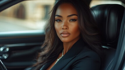 Fototapeta premium A FULL SHOT OF THIS BUSINESS WOMAN WEARING A BLACK SUITE SITTING IN THIS CAR WITH HIS HANDS ON THE WHEEL AND READY TO DRIVE IN THIS CAR.