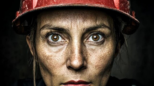 Intense focus: determined worker in red hard hat concentrates on task ahead