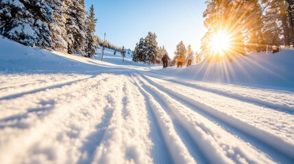 Obraz premium Skiers relish a tranquil sunrise tour on a snowy mountain path