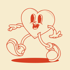 Heart mascot in retro groovy style. Valentine's Day vintage  heart character. February 14 vector