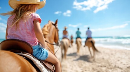 Guided beach horseback adventure for tourists under the bright sun
