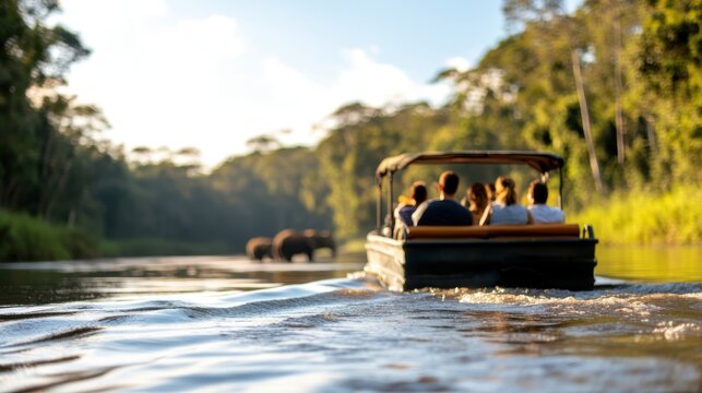 Fototapeta Tourists exploring wildlife on a river safari in a lush landscape