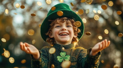 Kid boy wearing a green leprechaun hat and clover leaf, children having fun at St. Patrick's Day party with lots of falling golden coins