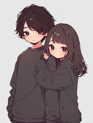 Chibi-style illustration of two people standing next to each other, arms around each other's shoulders. They both have black hair and are wearing gray outfits, set against an all-gray background.
