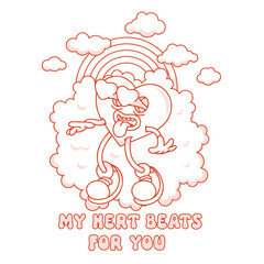 Heart mascot in retro groovy style. Valentine's Day vintage heart character crazy in love. Rainbow, clouds