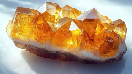 Raw golden citrine gemstone specimen displays rich textures, natural light reflections. Bright yellow color, sparkling facets evoke feelings of energy, beauty. Untreated rock exhibits captivating