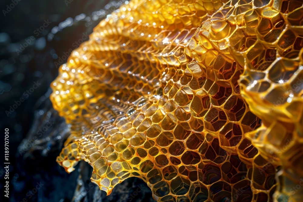 Poster honeycomb dripping with golden honey in natural sunlight, showcasing the intricate hexagonal structu