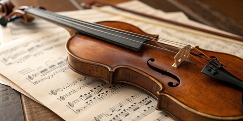 Naklejka premium Elegant wooden violin rests on sheets of classical music in a warm, inviting setting ideal for practice or performance