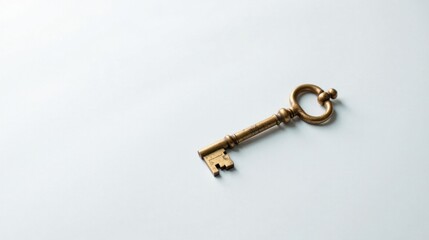 A solitary antique key, golden hued and subtly aged, rests on a pristine white surface, a symbol of unlocking potential and hidden opportunities.