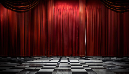 elegant room with red curtains and checkered floor the image showcases a luxurious interior with dramatic red curtains dark marble walls and a black and white checkered floor