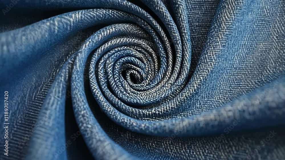 Poster close-up of blue fabric showcasing intricate weave and texture in a spiral pattern