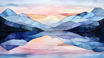 Stained Glass Mountain Lake at Dawn Reflecting Tranquil Colors  